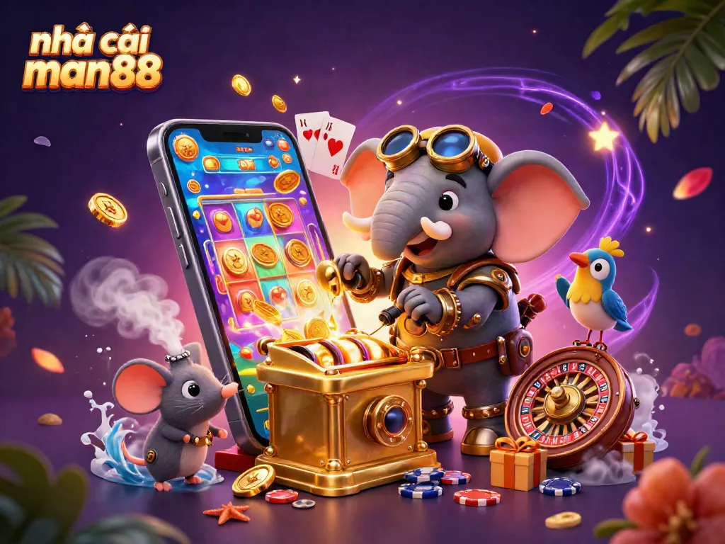 Spinning reels of nhà cái man88 in vibrant 3D casino illustration featuring steampunk characters.
