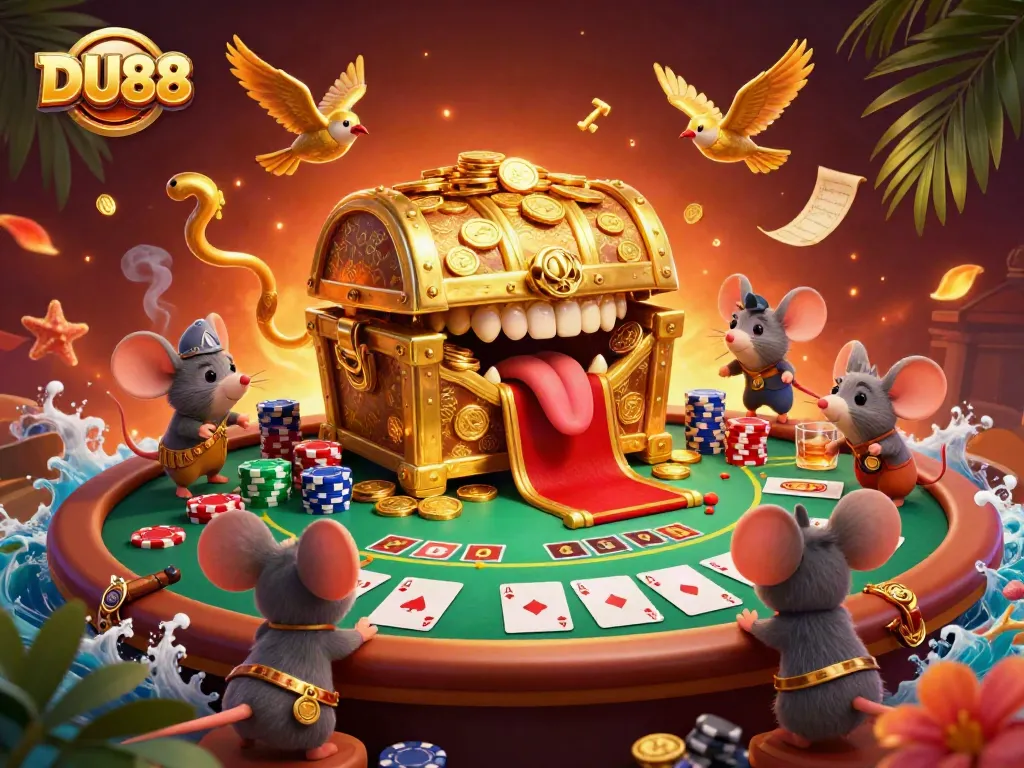 Engage in thrilling gameplay at DU88 with a vibrant casino scene featuring golden treasures and dynamic poker elements.