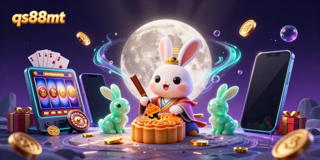 Engage in casino fun with qs88mt, featuring a moon rabbit celebrating with poker chips and game elements.