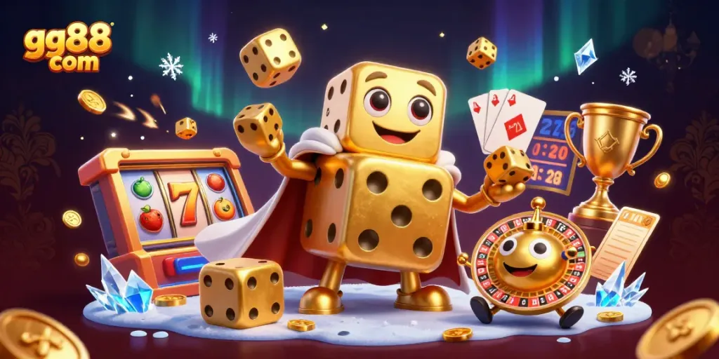 Join the excitement at gg88 com with animated golden dice, slot reels, and vibrant casino elements!