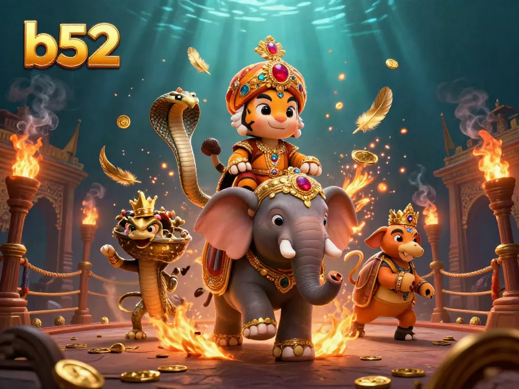 Experience thrilling gameplay with b52, featuring a jewel-encrusted elephant and an ornate tiger in a dynamic casino scene.