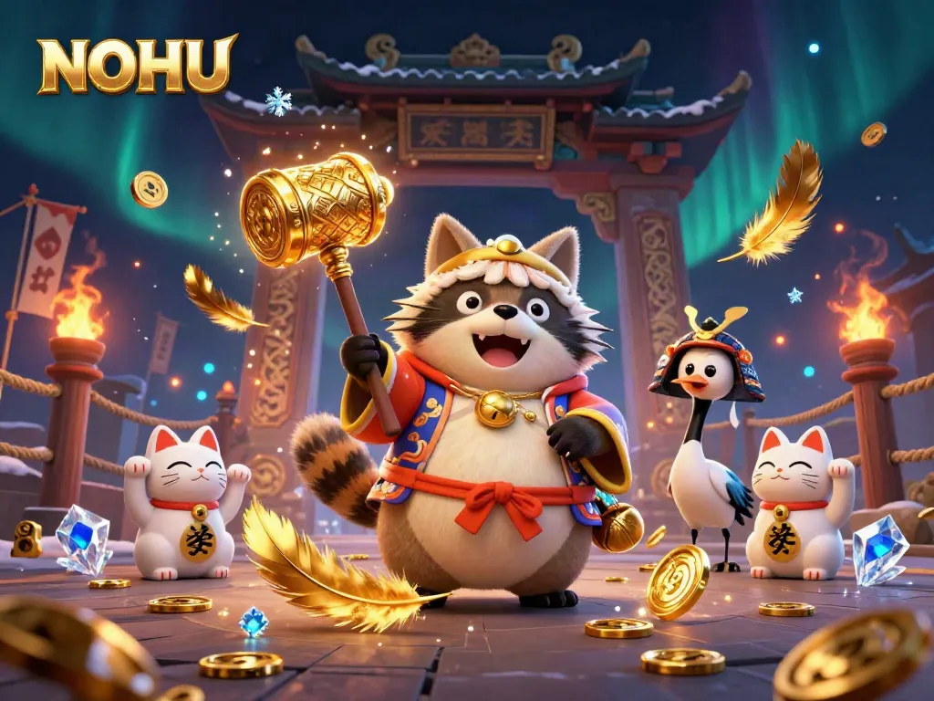 Experience the excitement of NOHU with a festive tanuki and fortune cats in a vibrant 3D casino scene.