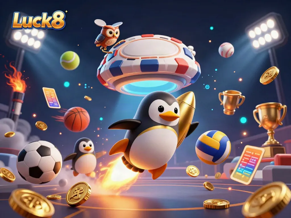 Experience Luck8 with explosive gaming energy featuring a penguin and dynamic sports elements in stunning 3D.