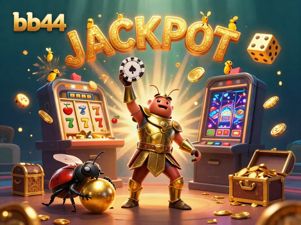 bb44 jackpot celebration featuring a heroic beetle lifting a poker chip surrounded by casino elements.