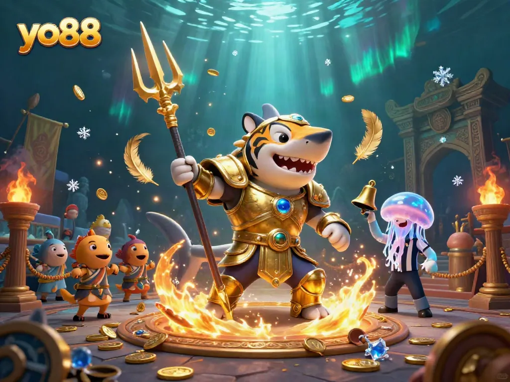 Engage in thrilling gameplay at yo88 with the ultimate underwater casino experience featuring a powerful shark gladiator.