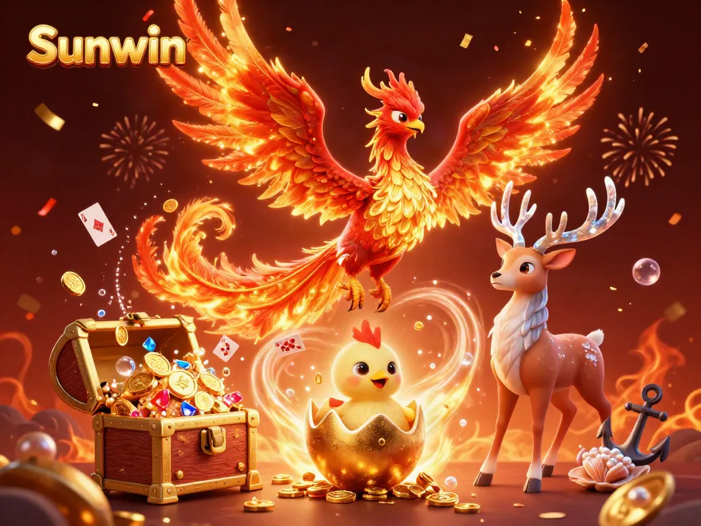Experience thrilling casino gameplay at Sunwin with a phoenix rising over golden treasures.
