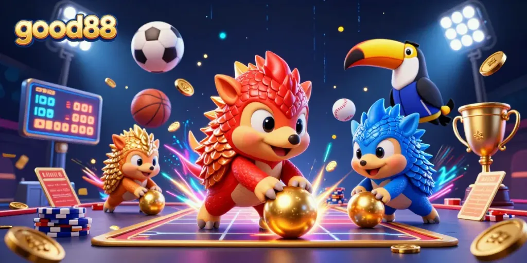 Experience the excitement of good88 with playful rival pangolins bowling through poker chips in a vibrant casino atmosphere.
