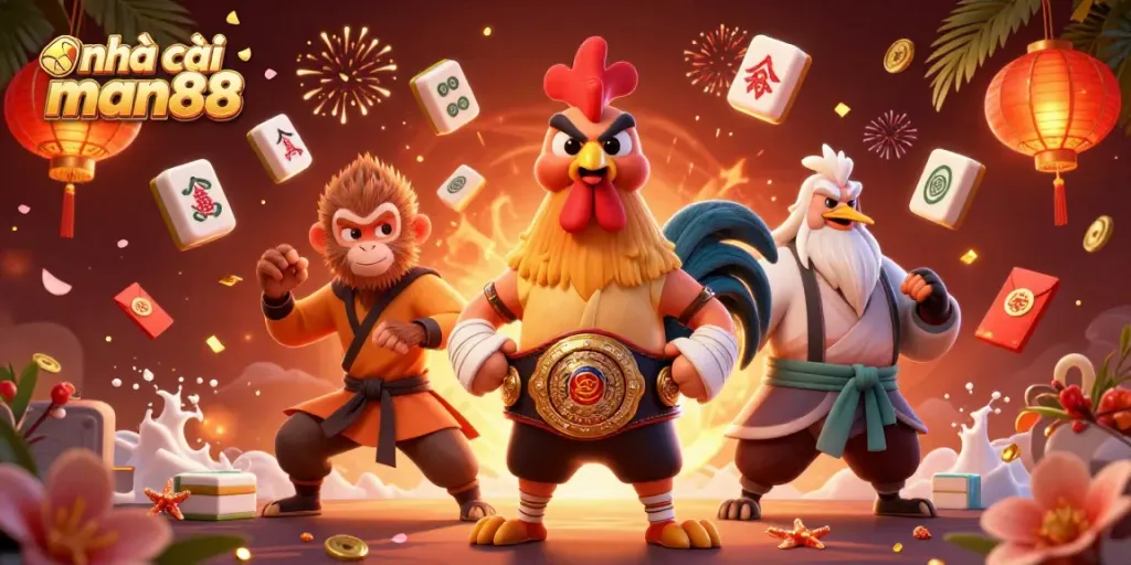 Engage with the vibrant gaming world at nhà cái man88, featuring animated characters and dynamic casino elements.