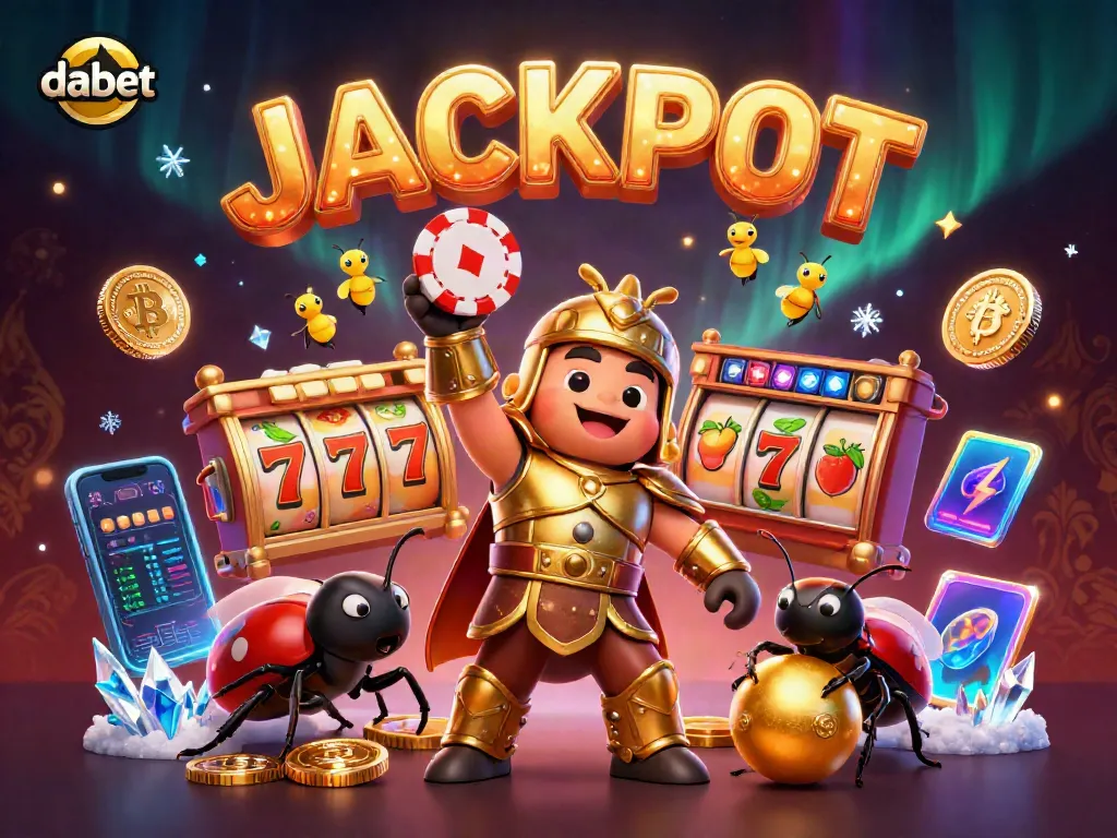 Dabet jackpot scene featuring a victorious beetle in armor, rolling balls, and glowing slot elements.