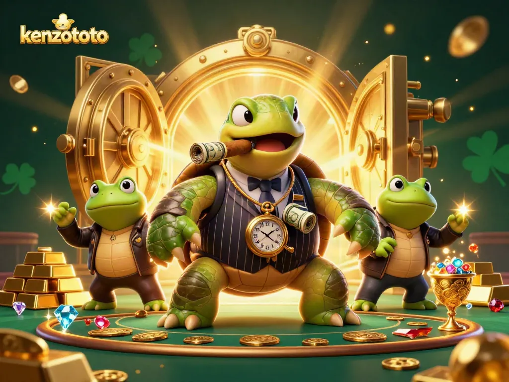 Play exciting games with kenzototo in a vibrant casino scene featuring a turtle mobster.