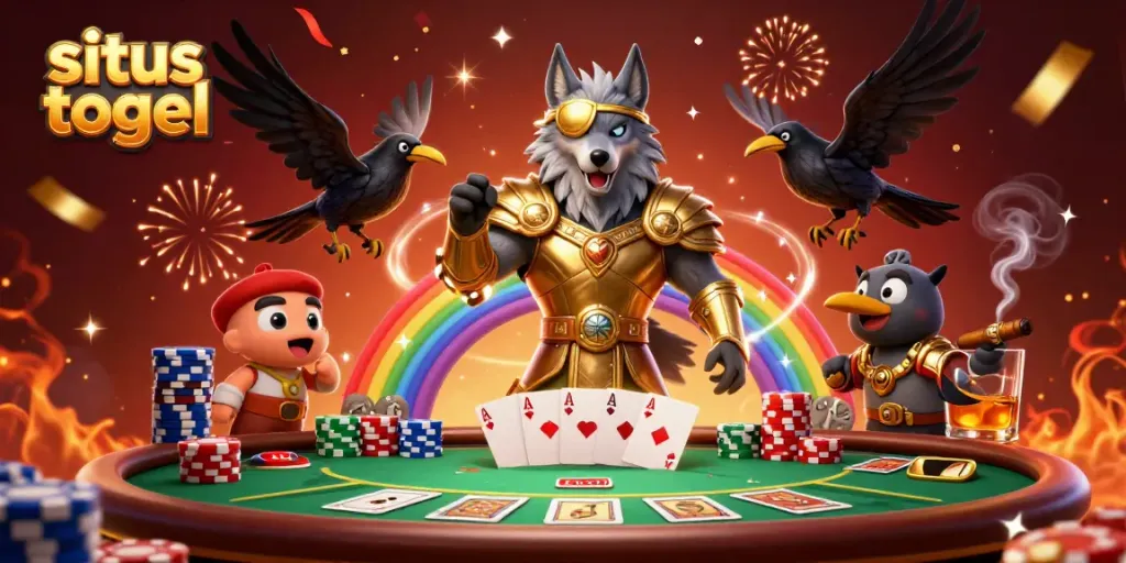 Situs togel enhanced by a 3D cartoon scene with Odin, ravens, and casino poker elements.