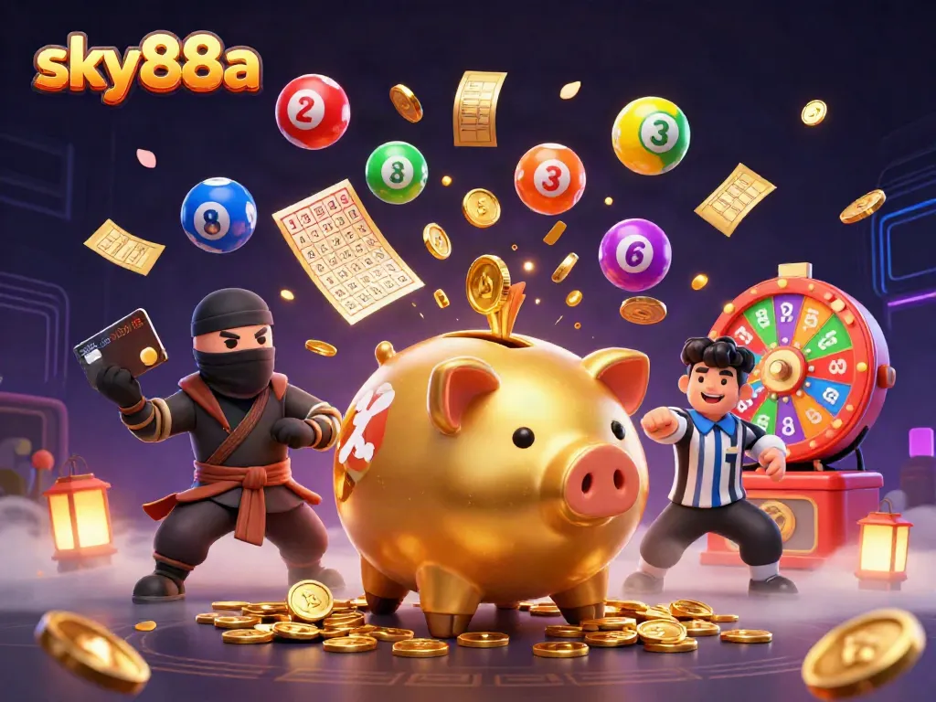 Engage with the vibrant world of sky88a, featuring thrilling action with a golden piggy bank sumo wrestler in an engaging casino setting.