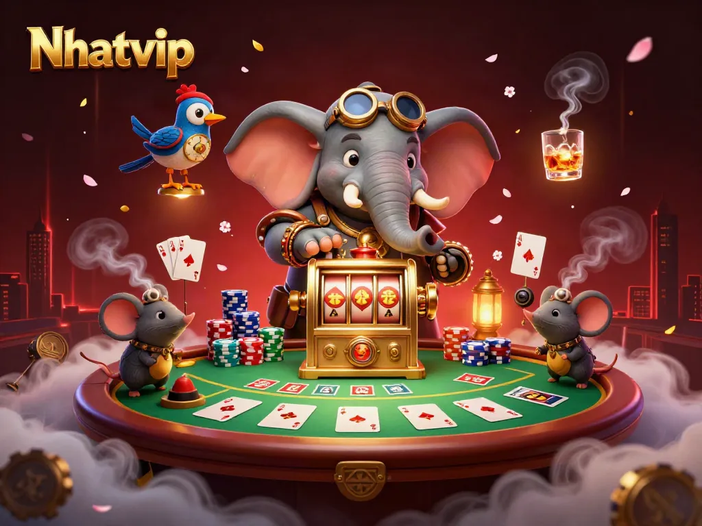 Nhatvip showcases an engaging casino scene with a steampunk elephant engineer at a vibrant slot machine.