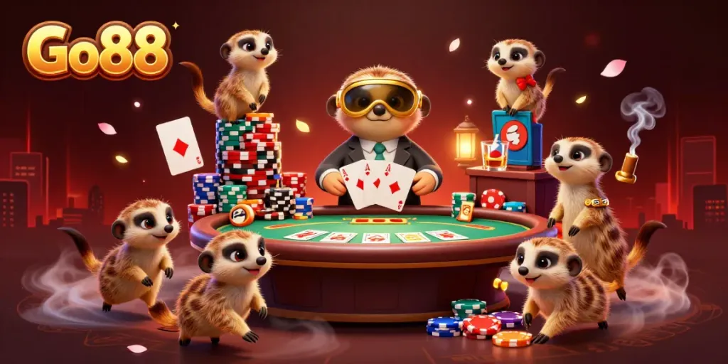 Experience the excitement of Go88 casino operations with creative meerkats and vibrant poker elements.