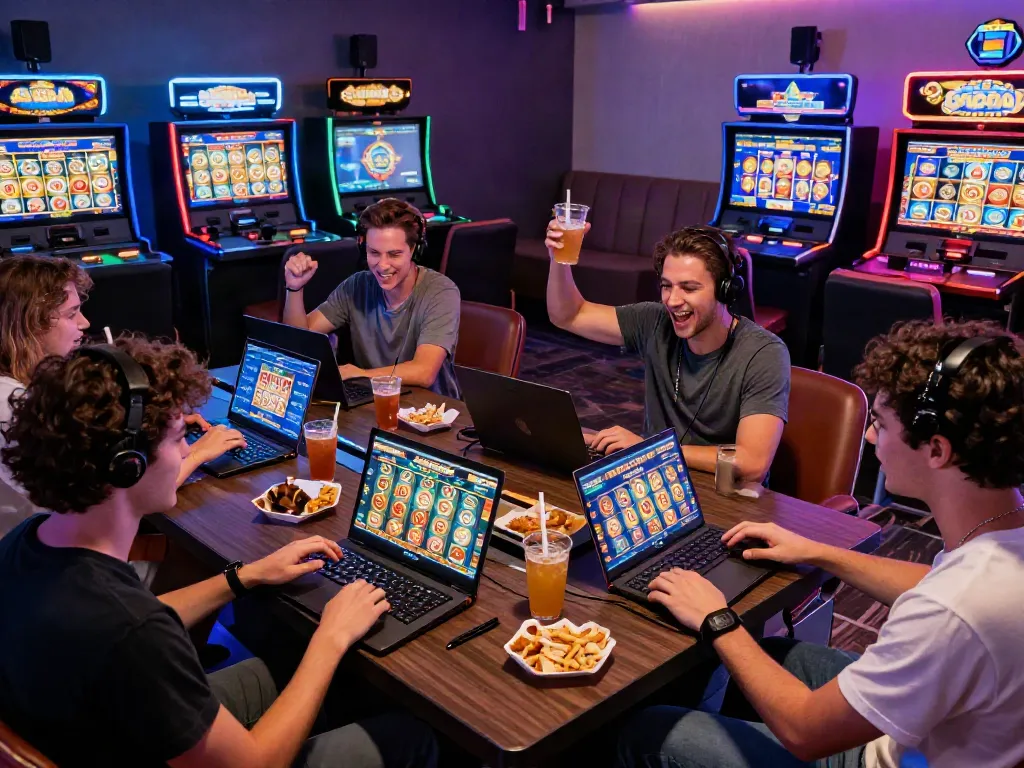 Friends enjoying slot gacor gampang menang game experience in a lively online casino setting.