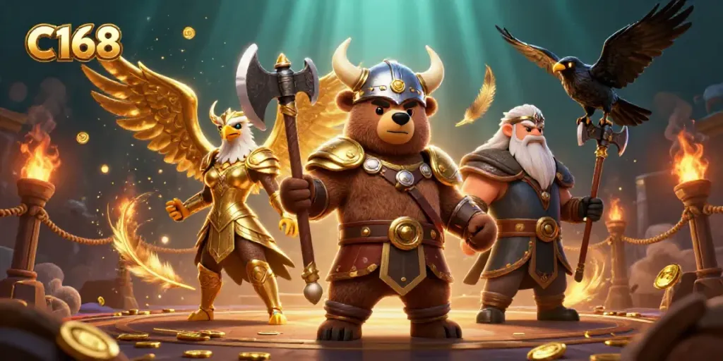Experience C168's thrilling gaming arena with Viking characters and dynamic casino elements.