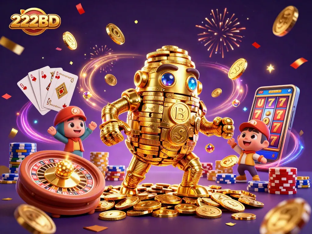 Engage with the thrilling world of 222BD as golden coins cascade in a dynamic casino scene.