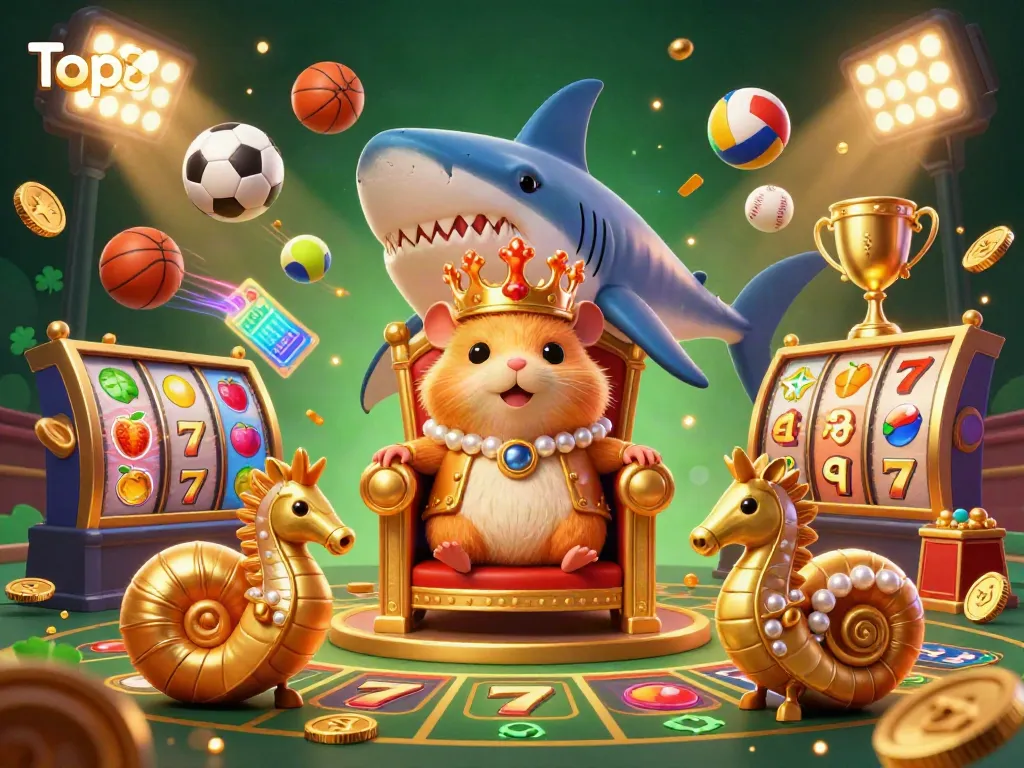 Engage in thrilling casino adventures with Top88's golden hamster king amid vibrant slot reels and dazzling elements.