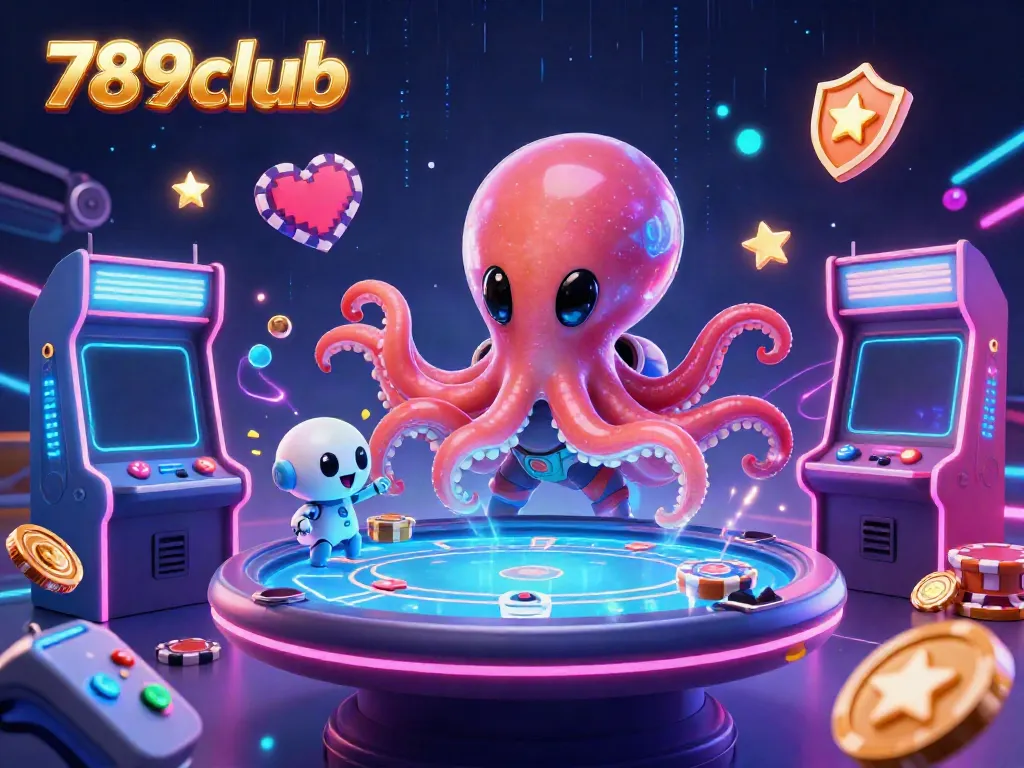Experience the excitement of 789club with a vibrant alien octopus at a holographic poker table.