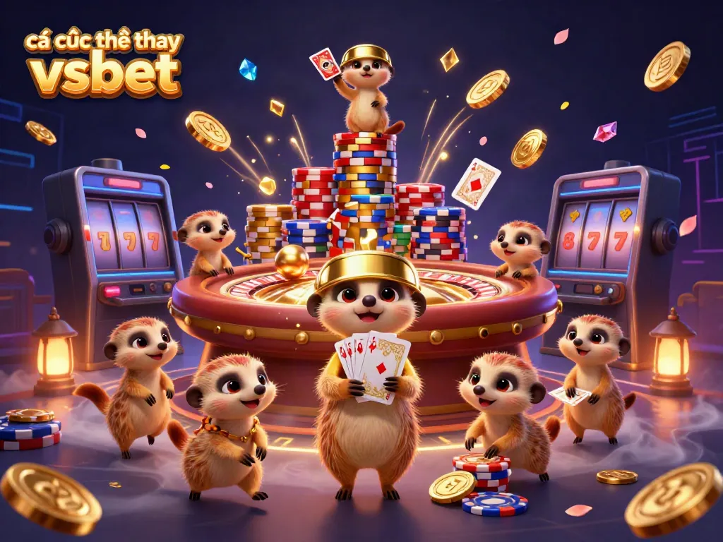 Engage in cá cược thể thao vsbet with meerkats running an extravagant casino operation, featuring dynamic elements and vibrant visuals.