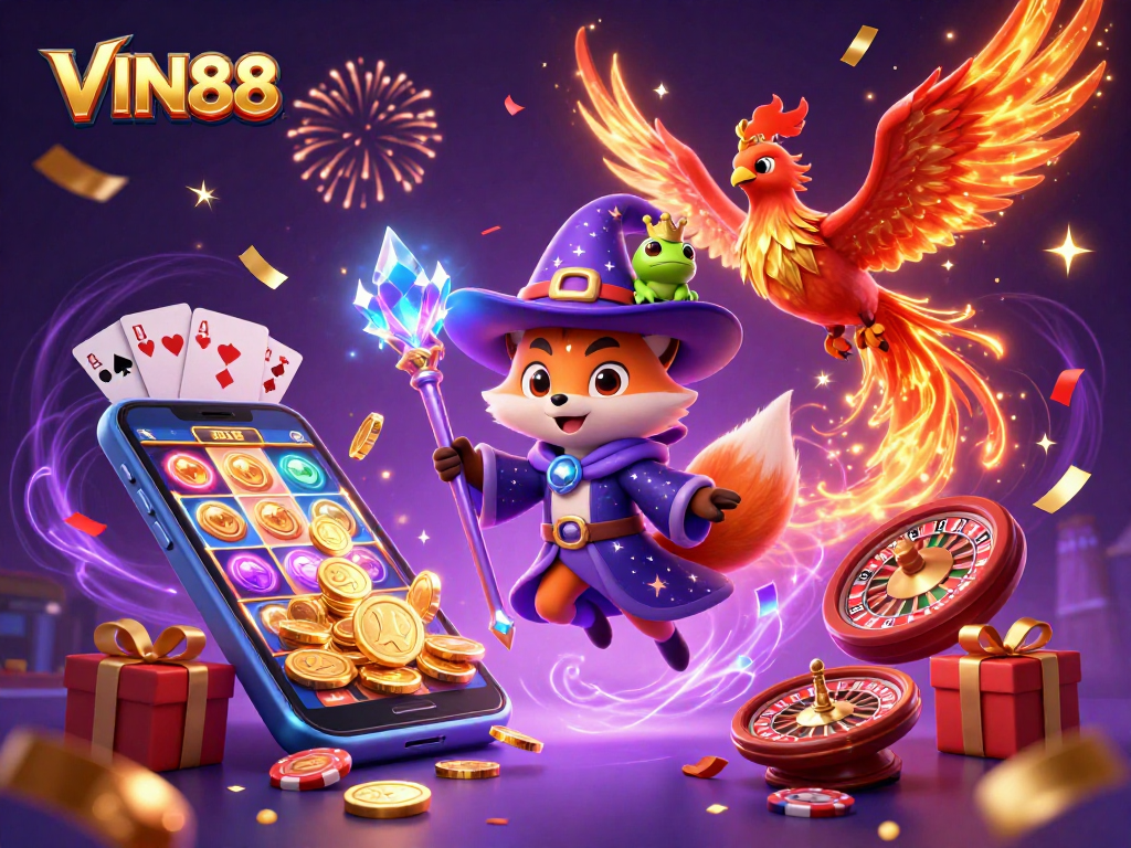 Experience the magic of VIN88 with this vibrant casino-themed 3D illustration featuring a wizard fox and phoenix.
