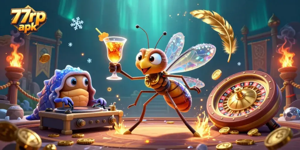 Experience excitement with 77rp apk, featuring a unique casino scene with lively characters and rich gameplay elements.