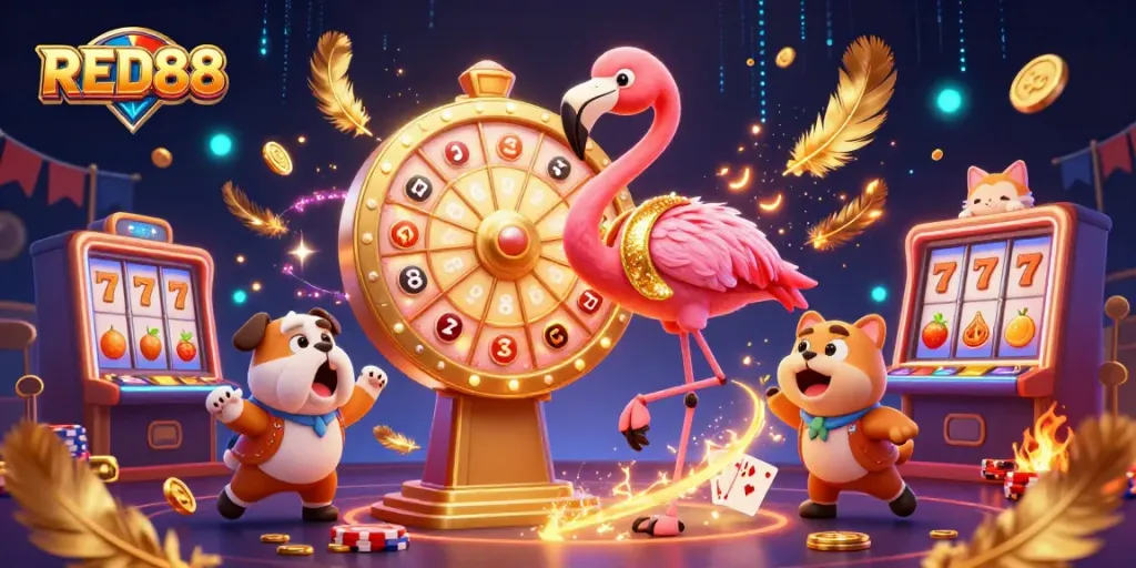 Experience thrilling gameplay at RED88 with vibrant slot machines, poker elements, and dynamic characters.