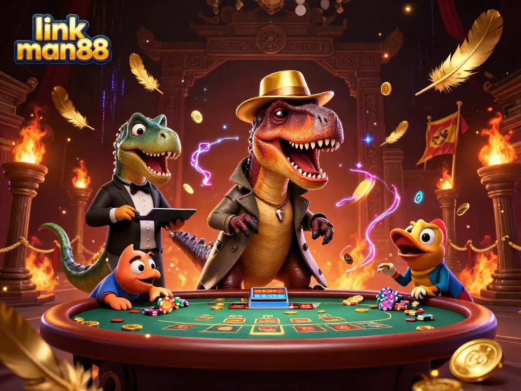 Experience excitement at the link man88 casino with cartoon dinosaurs engaging in gaming action.