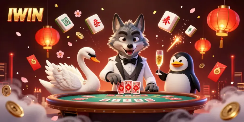 IWIN features a debonair wolf at a baccarat table alongside an elegant swan and a penguin, illustrating online casino excitement.