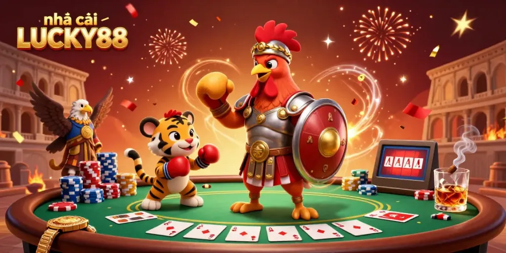 Engage with the vibrant scene featuring nhà cái LUCKY88 as a cartoon rooster gladiator stands amidst poker action and festive celebration.