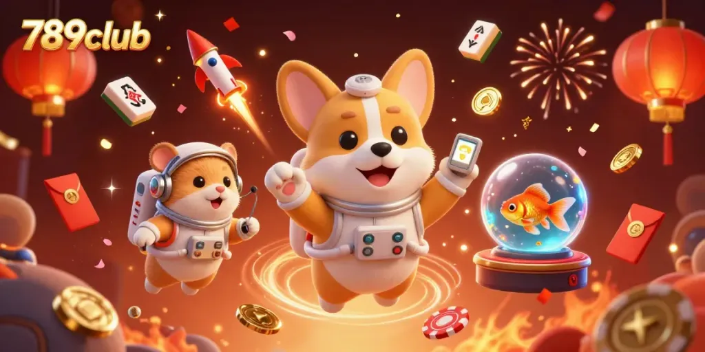 Engage with exciting games at 789club, featuring fun characters enjoying a vibrant casino atmosphere.