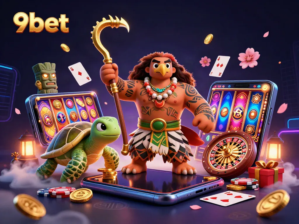 Engage with thrilling games and excitement at 9bet, featuring vibrant casino elements and dynamic characters.