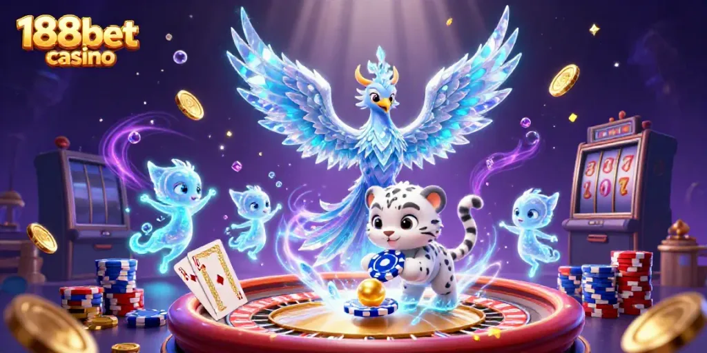 Experience the magic of 188bet casino with a vibrant 3D scene filled with characters and casino elements.
