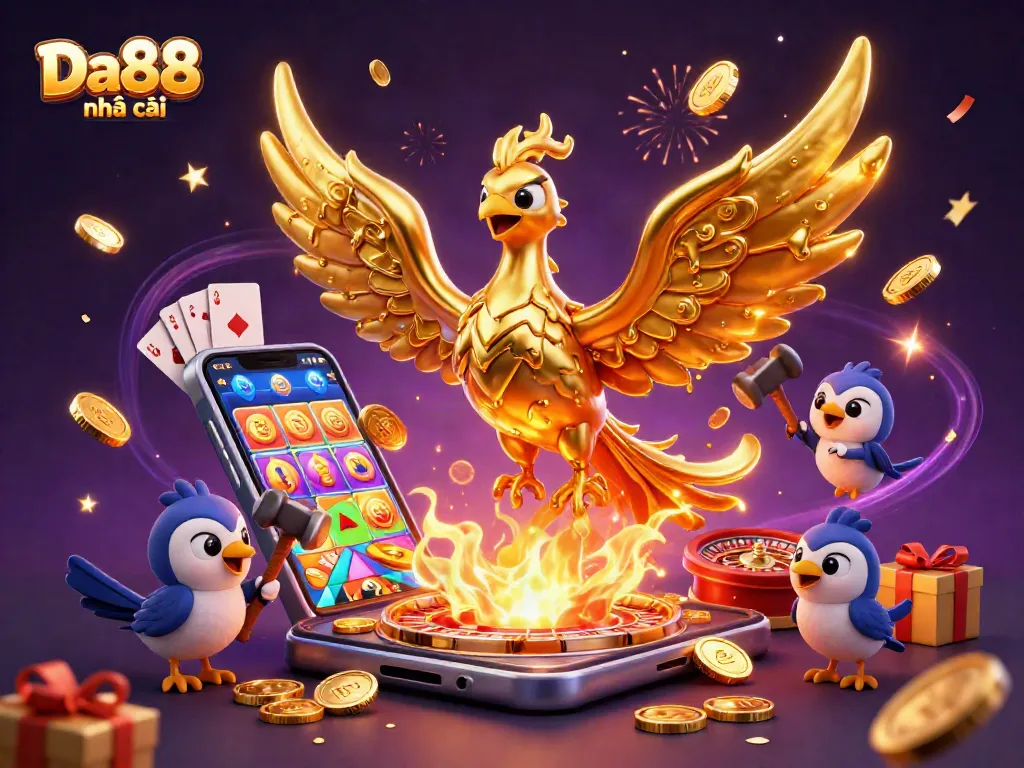 Experience the thrill of Da88 nhà cái with a fantasy casino scene featuring gold coins, vibrant games, and festive celebration.