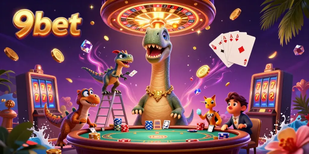 Experience exciting gaming adventures with 9bet's vibrant casino scene featuring dinosaurs and cards.