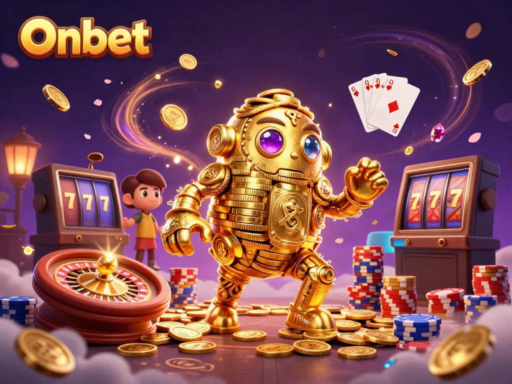 Engage with Onbet's vibrant world of gaming as golden coins and slot symbols swirl around a mystical golem.