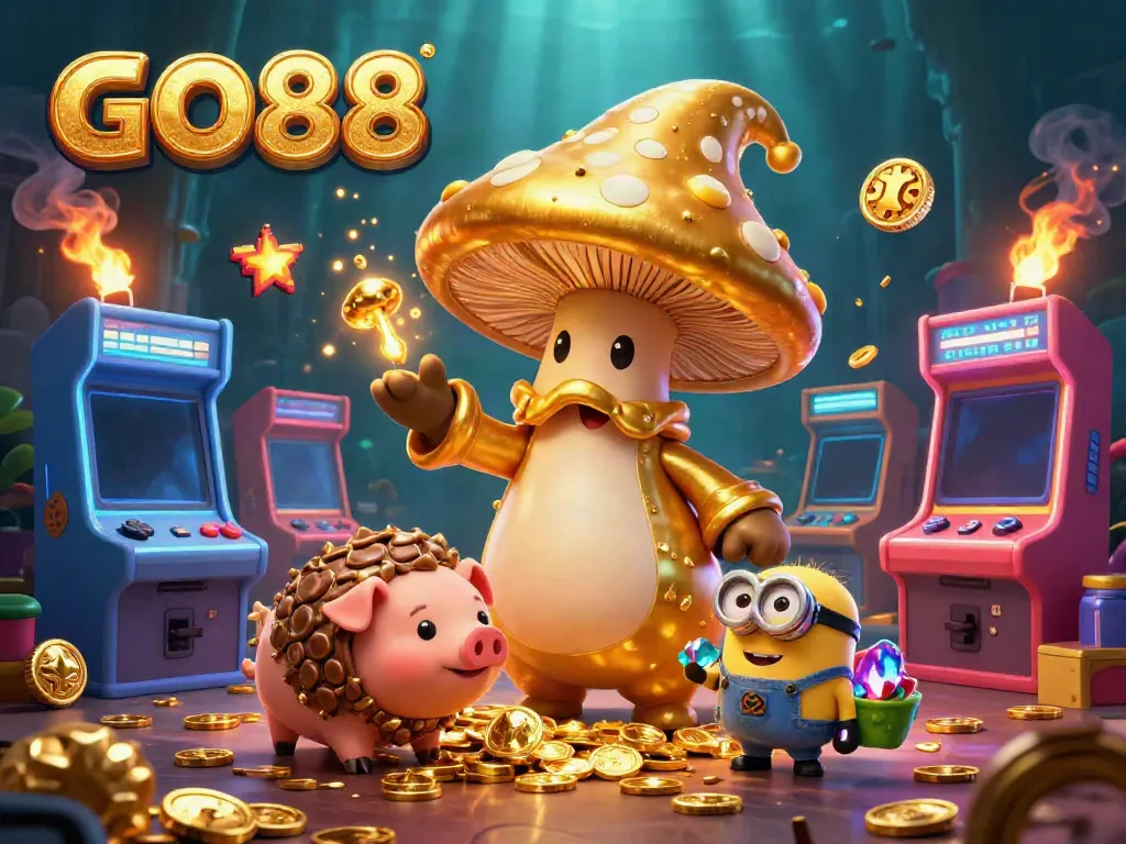 Engage with GO88 in a vibrant digital casino scene featuring magical golden mushrooms and treasure.