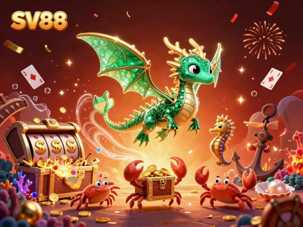 SV88 offers an exciting underwater world with a sea dragon amidst vibrant slot themes and treasure.