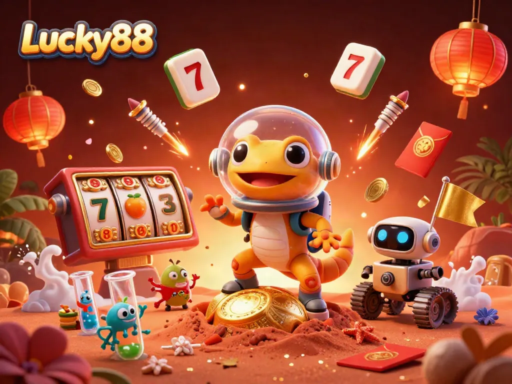 Experience exciting gameplay at Lucky88 with a Martian gecko discovering a golden casino filled with treasures.