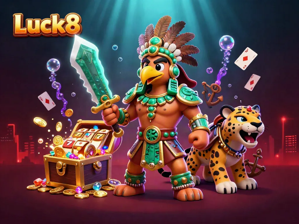 Luck8 casino scene featuring an Aztec warrior and jaguar with slot reels and treasure
