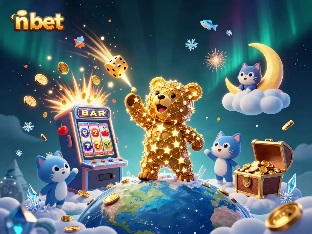 Engage with the dynamic n bet scene featuring a constellation bear, slot machines, and vivid casino elements.