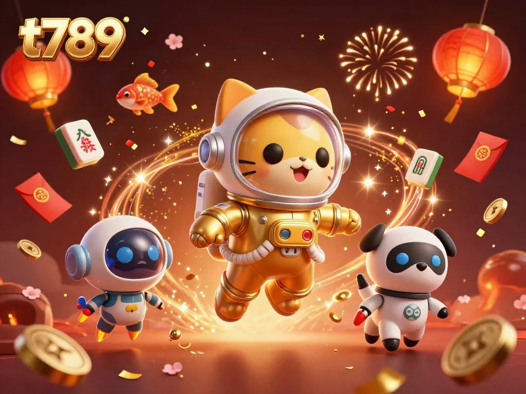 Experience the thrill of t789 with a captivating scene featuring a space astronaut cat and game-themed elements, showcasing lively gaming dynamics.