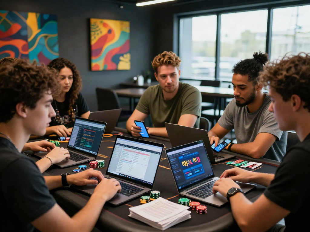 Friends discussing 먹튀스팟 strategies in a modern gambling community setting, showcasing camaraderie and safe betting practices.