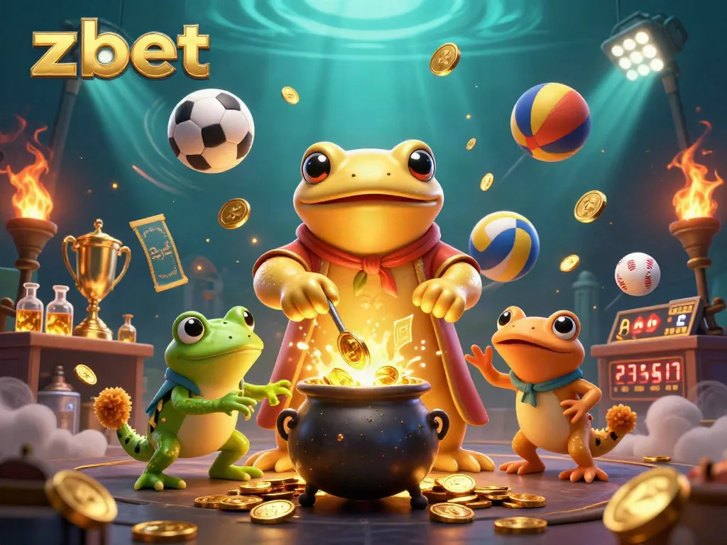 Zbet features a vibrant scene with a giant golden salamander alchemist and sports elements, showcasing thrilling betting opportunities.