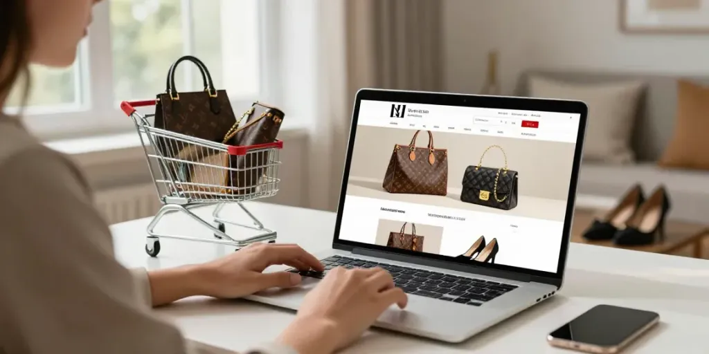 Shopping online in a replica shop showcasing luxury bags and shoes.