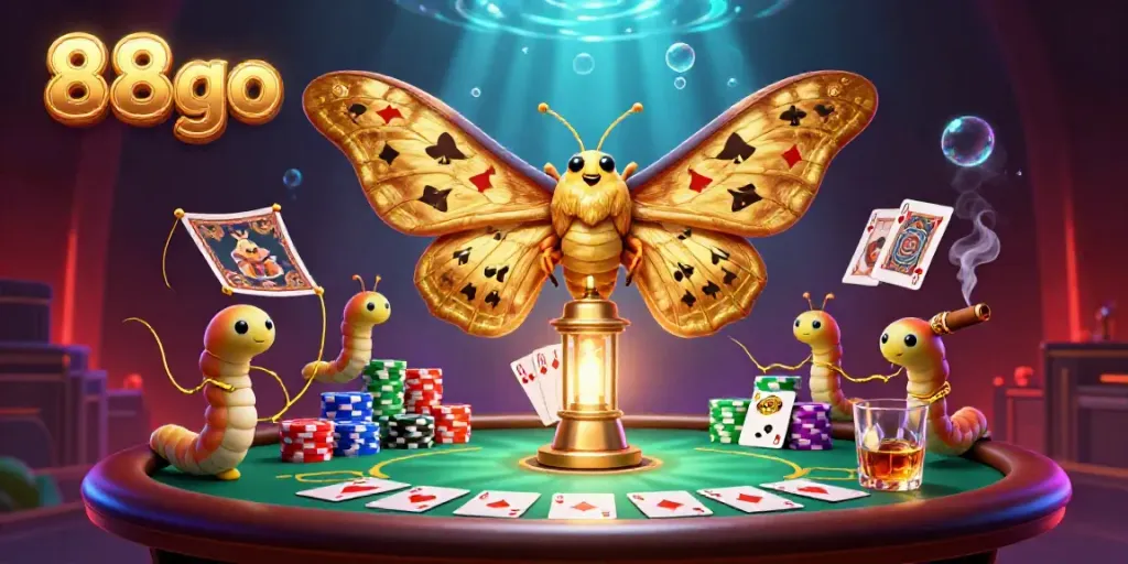 Experience 88go's vibrant casino scene with an atlas moth and elegant poker elements.