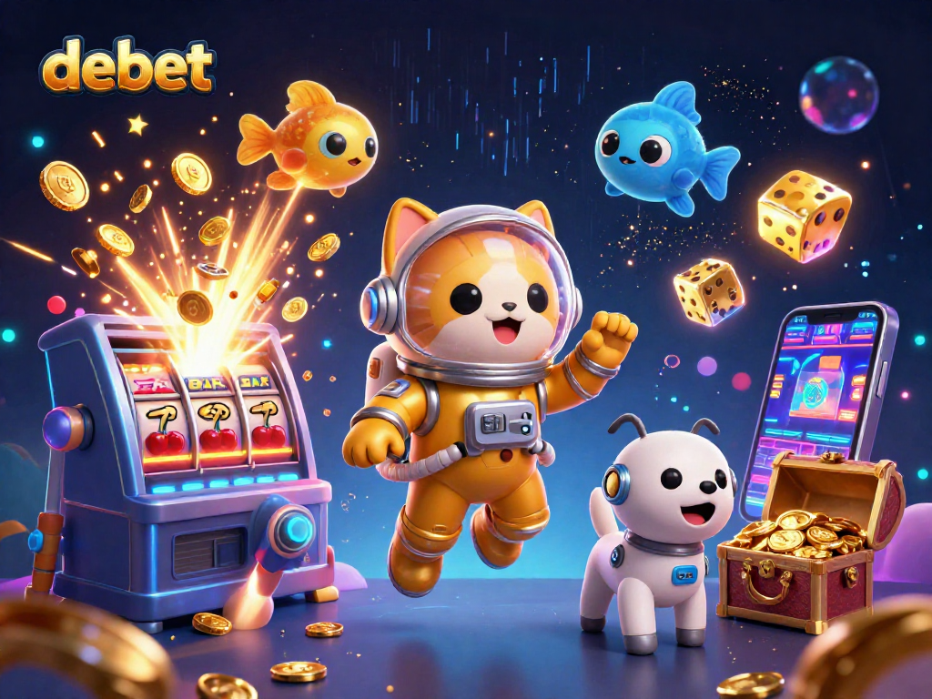Debet slot gaming with a golden astronaut cat, jackpot explosion, and vibrant casino action.