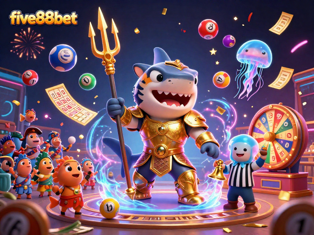 Engage with five88bet’s vibrant lottery scene featuring a shark in gladiator armor.