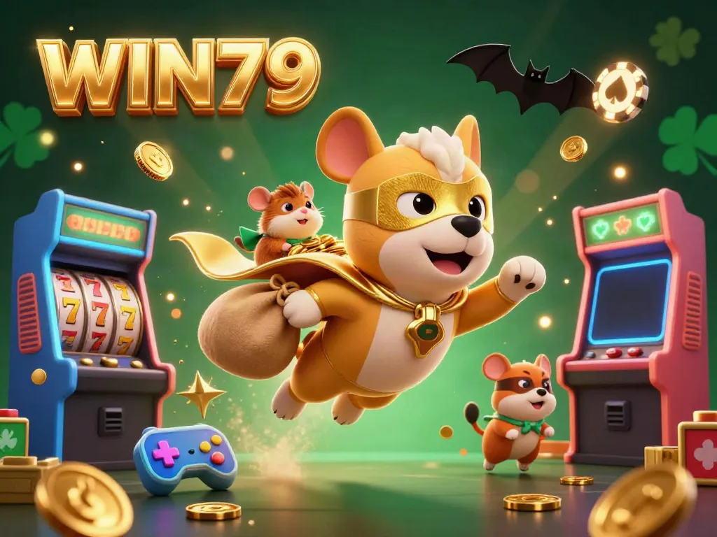 Experience the excitement of WIN79 where a superhero dog and sidekick hamster soar above colorful casino elements, showcasing thrilling game adventures.
