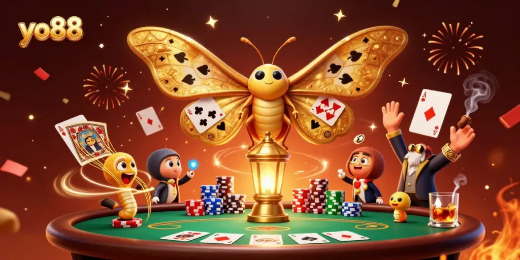 Experience thrilling gameplay at yo88 with a vibrant 3D casino illustration showcasing poker elements and animated characters.